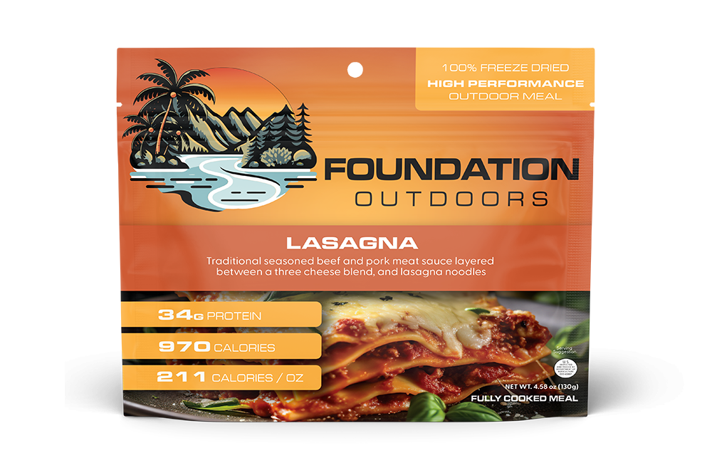 Foundation Outdoors lasagna meal pouch showing a prepared lasagna with cheese and sauce in a resealable pouch.
