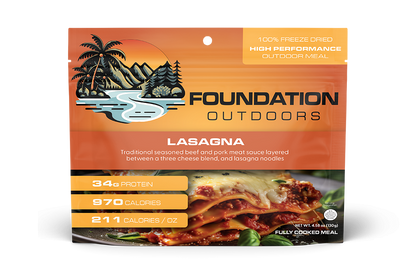 Foundation Outdoors lasagna meal pouch showing a prepared lasagna with cheese and sauce in a resealable pouch.