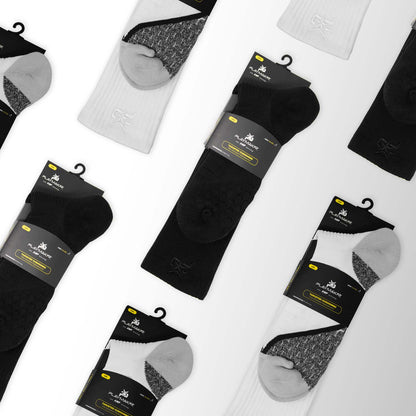 iReliev AMP ankle compression socks shown on a leg, designed for support and improved circulation, with packaging visible.