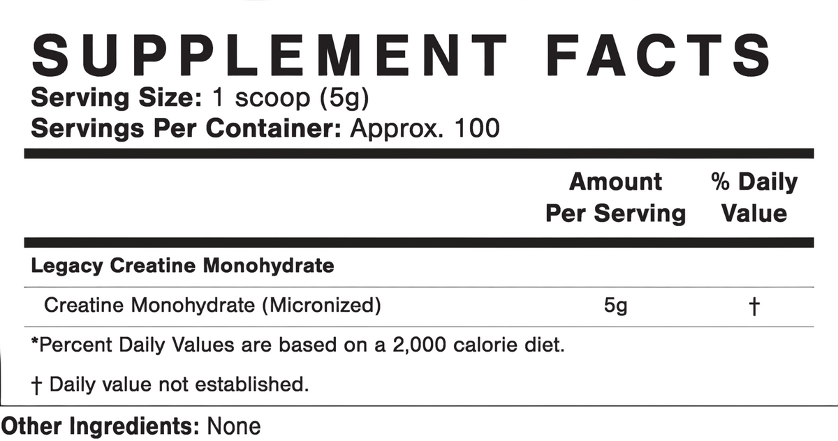 Legacy Creatine monohydrate supplement label showing nutrition facts and serving size for Legacy Performance vitamins and supplements.