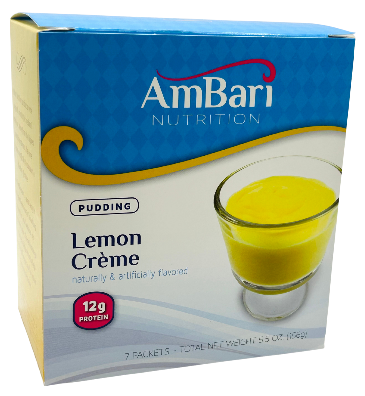 AmBari Nutrition Lemon Creme Protein Pudding in a clear cup with creamy lemon flavor and smooth texture.