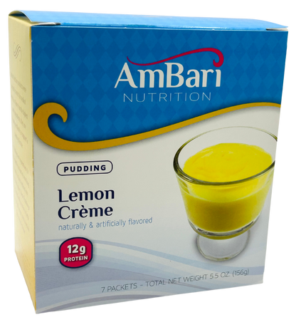 AmBari Nutrition Lemon Creme Protein Pudding in a clear cup with creamy lemon flavor and smooth texture.