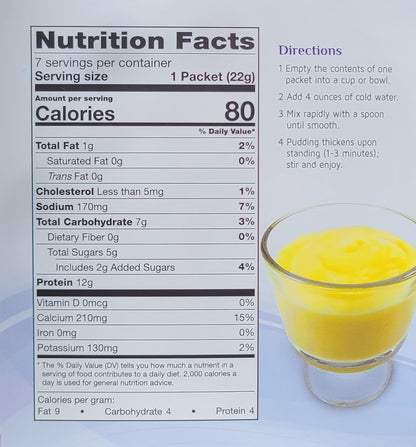 AmBari Nutrition Lemon Creme Pudding with nutrition facts label, creamy lemon dessert in a cup, protein-rich foods product.