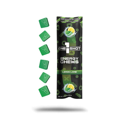 Lemon lime 1 Shot Energy chew sleeve with vibrant packaging, showcasing the energy chews in a bright, fresh design.