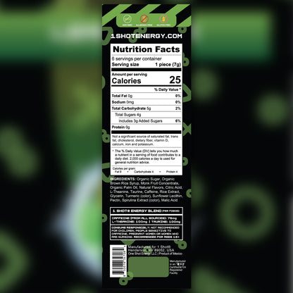 Lemon-lime 1 Shot Energy Stack energy chews in a colorful sleeve, designed to boost energy and stamina.