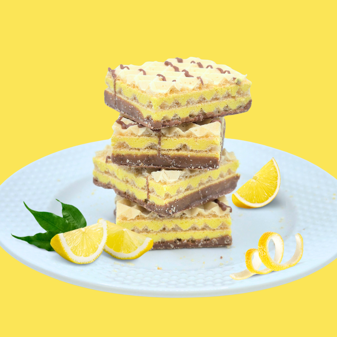 AmBari Nutrition Proti Wafer Squares with lemon flavor, showing a crispy bar with lemon filling and textured wafer layers.
