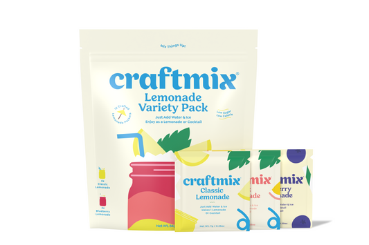 Craftmix Lemonade Variety Cocktail Mix 24-pack with colorful drink powder packets for refreshing lemonade flavors.