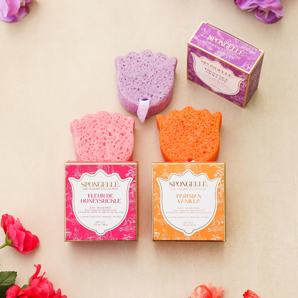 Spongellé Les Fleurs Body Buffer Trio Set 2 featuring three floral-scented body wash infused buffers in soft pastel colors.