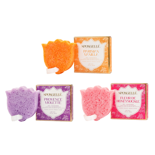Spongellé Les Fleurs Body Buffer Trio Set 2 with floral-scented body wash-infused buffers, showcasing vibrant, textured sponge buffers.