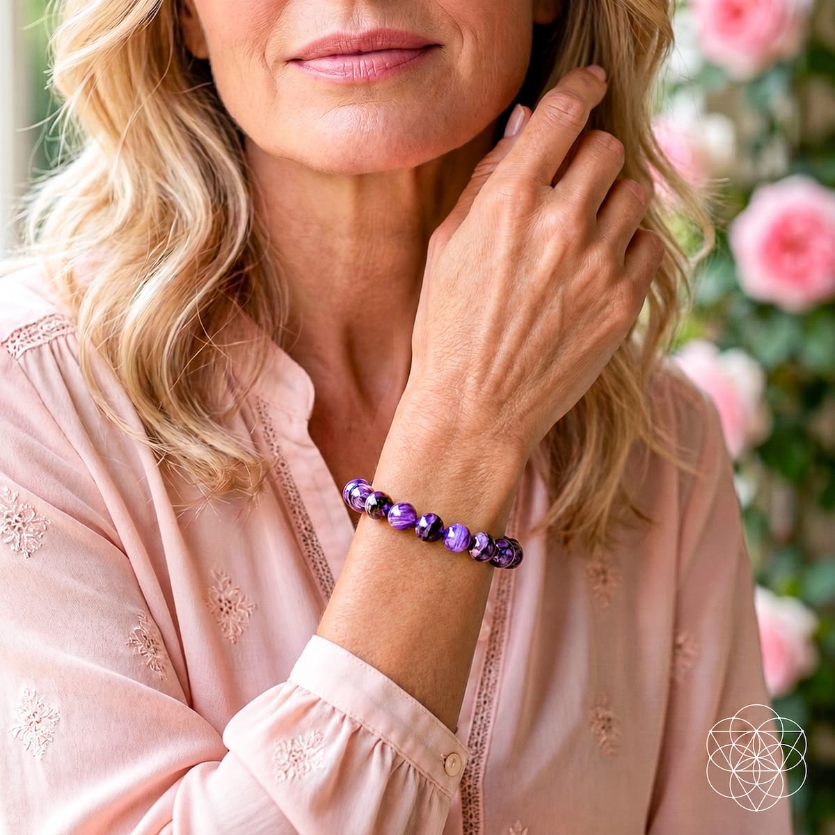 Unshakeable Intuition Siberian Charoite bracelet by Conscious Items displayed on a person's wrist in a lifestyle setting.