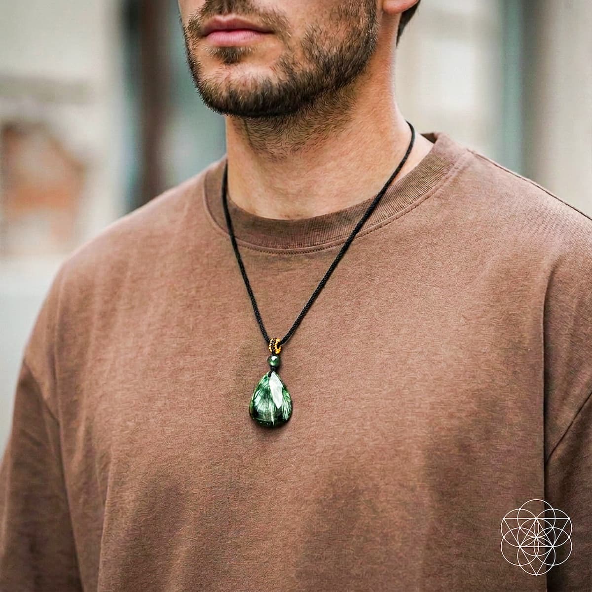 Seraphinite pendant necklace from The Angel By My Side collection, featuring a striking green gemstone and silver chain.