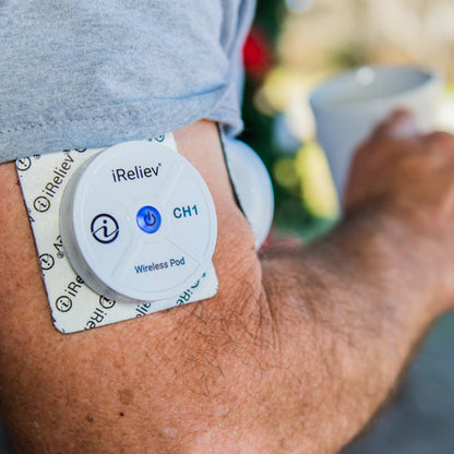 iReliev wireless large and small electrode pads refill kit shown on a lifestyle setting, featuring reusable electrode pads for TENS therapy.