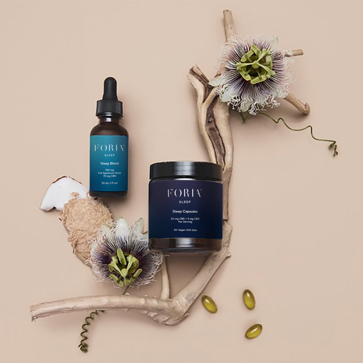 Foria Sleep Blend oil tincture with natural ingredients, shown in a lifestyle setting with dropper bottle and calming environment.
