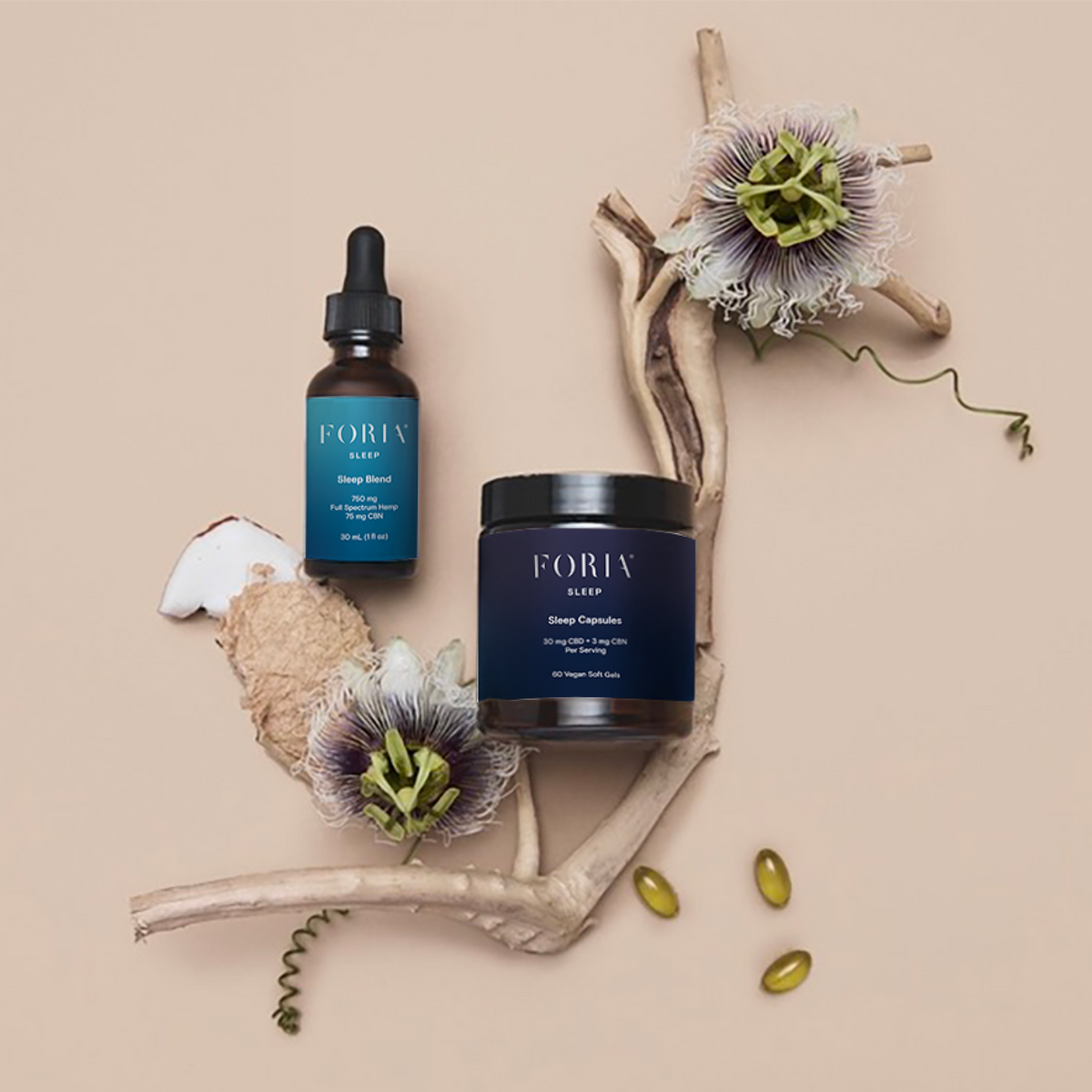 Foria Sleep Capsules in a bottle, displayed on a bedside table with a relaxed bedroom setting.