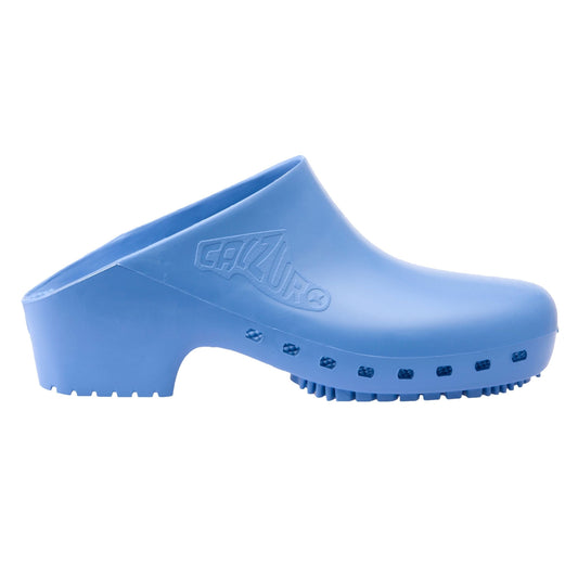 Light blue Calzuro Classic clogs without holes, showing the durable plastic footwear designed for healthcare professionals.