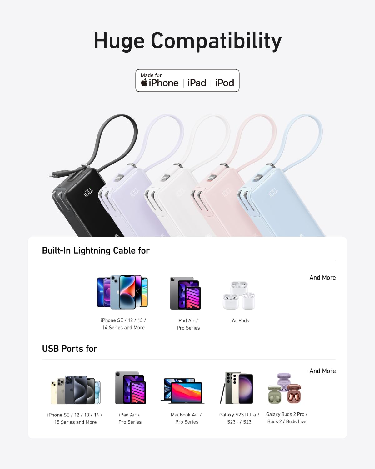 Blue Lightning cable for Anker Power Bank 10K Fusion with built-in cable, designed for charging and data transfer.