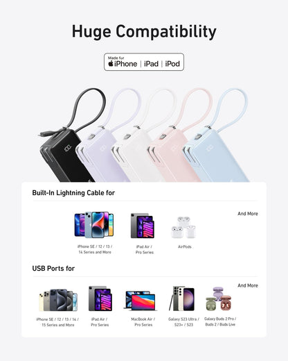 Blue Lightning cable for Anker Power Bank 10K Fusion with built-in cable, designed for charging and data transfer.