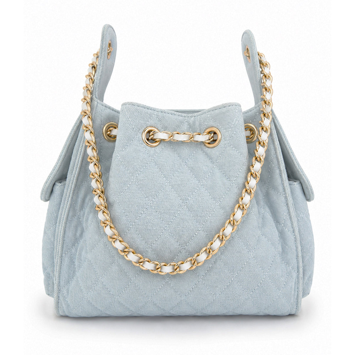 Light wash denim Bayshore Bucket Bag Medium by BEACH HAUS with woven shoulder strap and casual style.