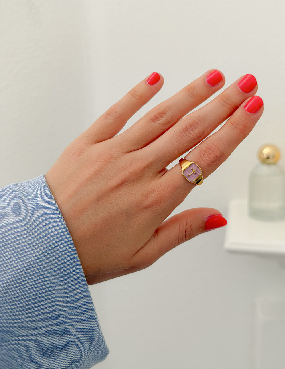 Lilac enamel cross ring by Elevated Faith, featuring a delicate design with a religious cross motif on a sleek band.