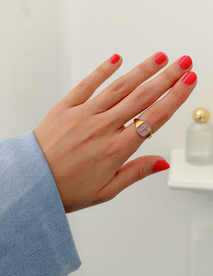 Lilac enamel cross ring by Elevated Faith, featuring a delicate design with a religious cross motif on a sleek band.
