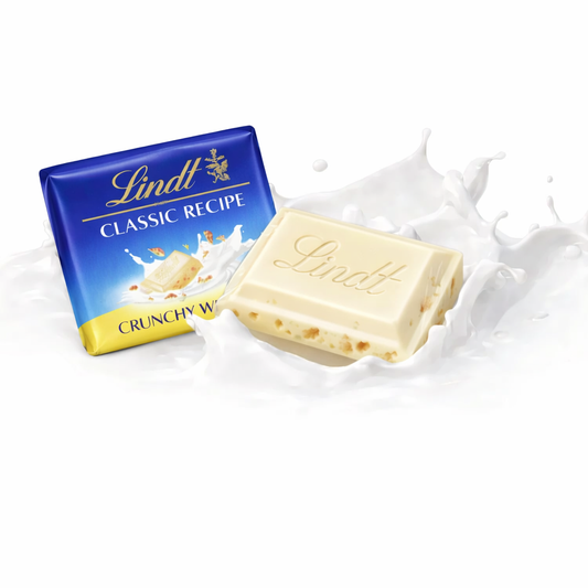 Lindt Classic Recipe Crunchy White Chocolate Mini Bars in a bulk candy bag, featuring creamy white chocolate with crunchy texture.