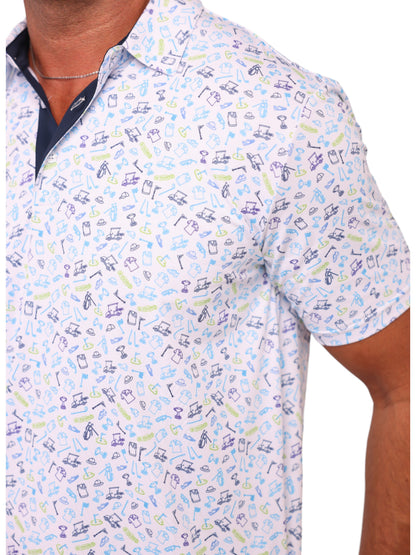 White Water Life Links Print Polo shirt with a distinctive link pattern design, featuring a classic polo collar and short sleeves.