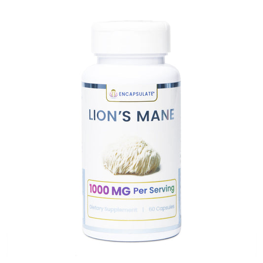 Encapsulate Lion's Mane Mushroom supplement bottle with a close-up of the label and capsules in the image.