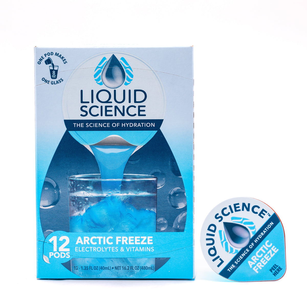 Liquid Science Arctic Freeze Hydration Pods by Java House, showing a close-up of the refreshing flavor and packaging.