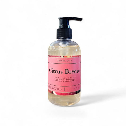 Soaplicity Citrus Breeze liquid hand soap in a clear pump bottle, showcasing fresh citrus scent and natural ingredients.