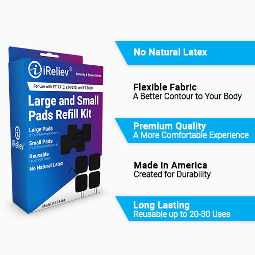 iReliev wired large and small refill kit with off-white refill pads for pain relief devices.