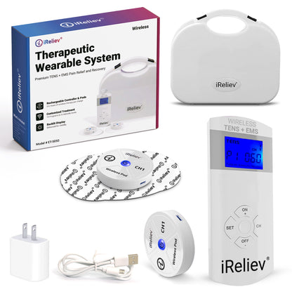 iReliev TENS unit for pain relief, showing portable wearable therapeutic system with controls and electrode pads.