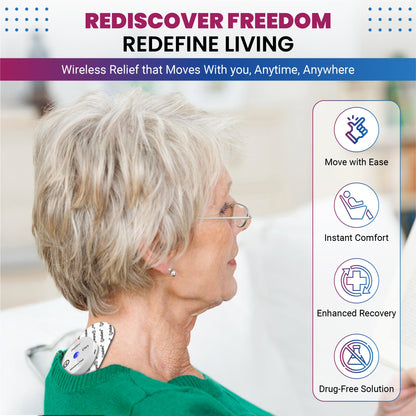 iReliev TENS Unit wearable therapy device with electrode pads for pain relief and muscle stimulation.