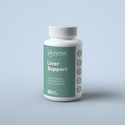 Nutra Moment Liver Support supplement bottle with label, featuring herbal ingredients for liver health in a health and beauty product.