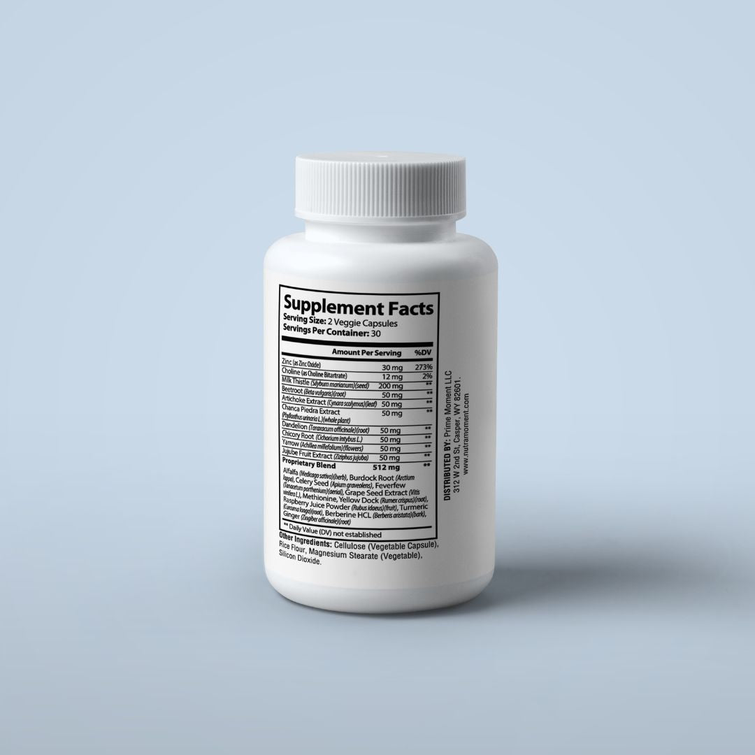Nutra Moment Liver Support supplement bottle showing label with health and beauty product for liver health and detoxification.