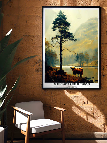 MapYourDreams Scottish Highlands poster featuring Loch Lomond, Cairngorms, and Loch Ness scenic views in vibrant colors.