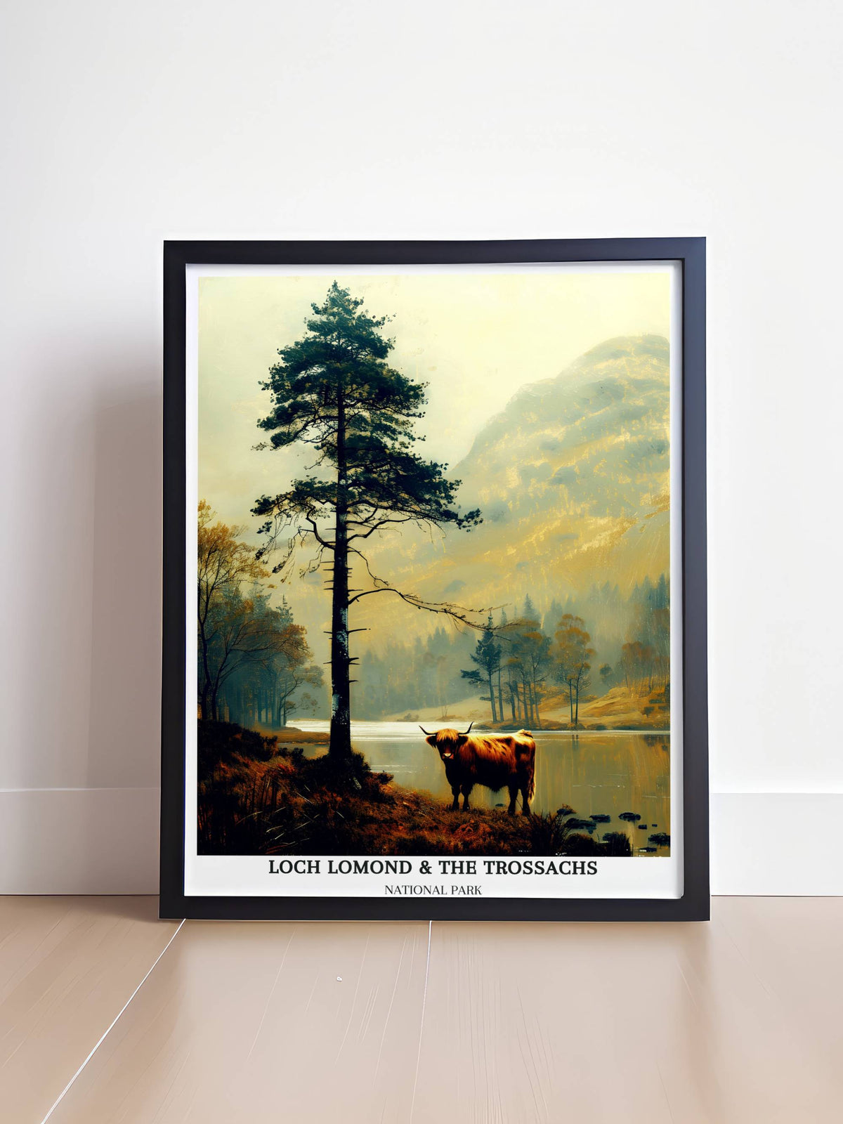 Digital poster of Loch Lomond and The Trossachs National Park, featuring Scottish Highlands, Cairngorms, and Loch Ness scenery.