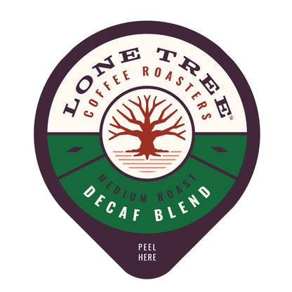 Lone Tree Coffee Roasters medium roast coffee blend by Java House, showcasing a bag of original decaffeinated coffee beans.