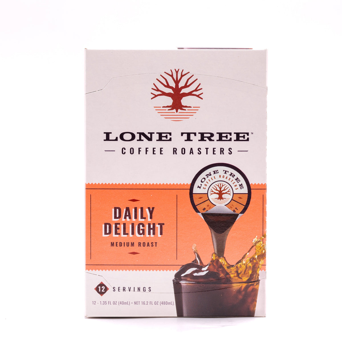 Medium roast coffee bag from Lone Tree Coffee Roasters, Daily Delight blend by Java House, with a brown and beige packaging design.