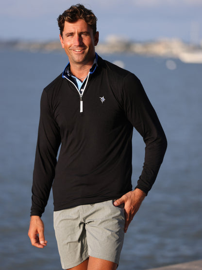 Black White Water Life Long Beach quarter zip long sleeve shirt, ultra-soft lightweight fabric, casual outdoor wear.