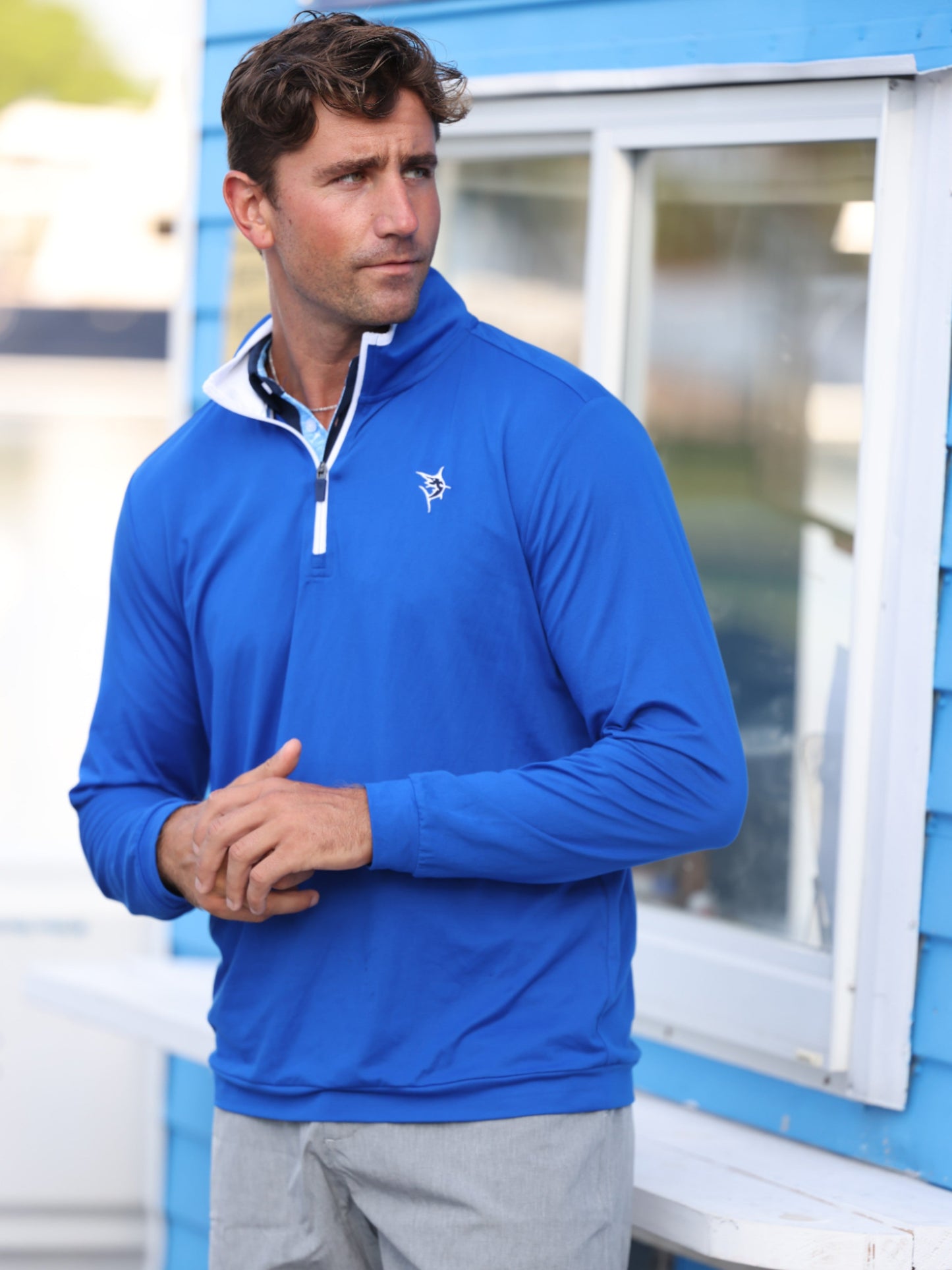 White Water Life Long Beach quarter zip lightweight long sleeve top in royal blue, ultra-soft and comfortable fabric.
