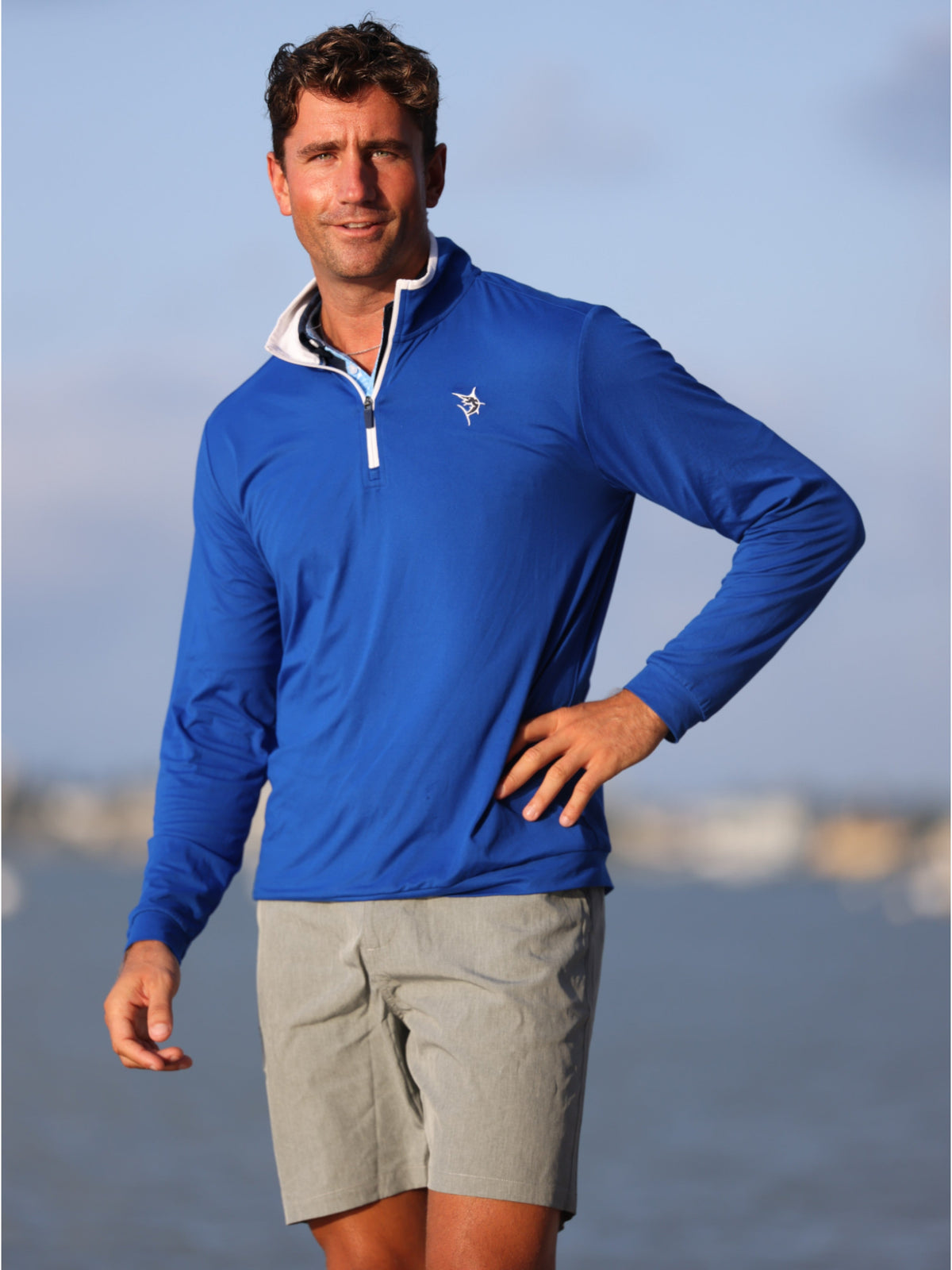 White Water Life Long Beach quarter zip long sleeve shirt in royal blue, featuring a lightweight, ultra-soft fabric.