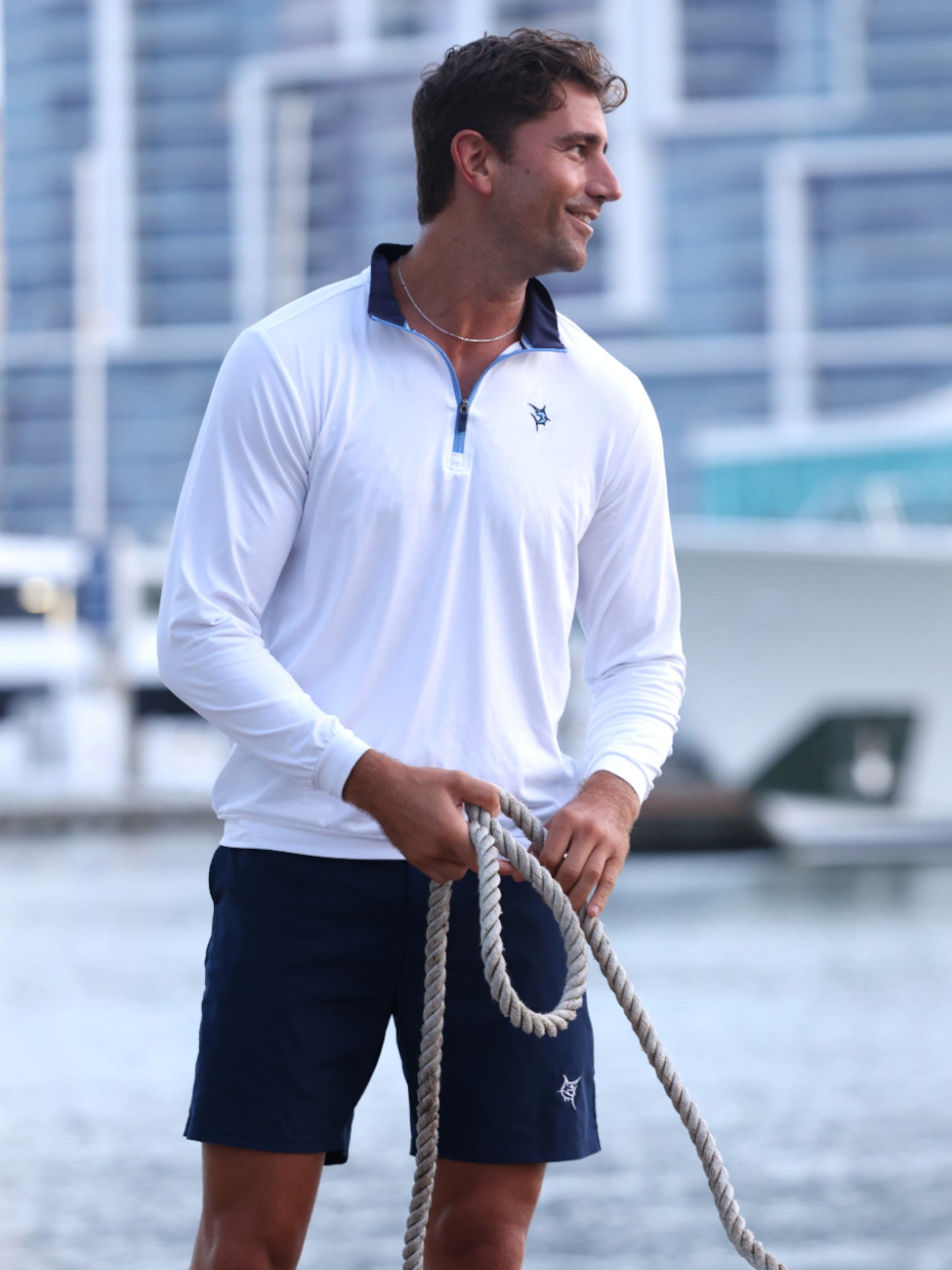 White Water Life Long Beach quarter zip long sleeve shirt in ultra-soft, lightweight fabric, shown in a casual outdoor setting.