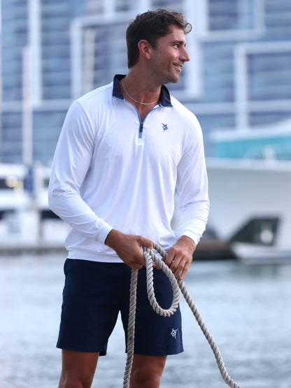 White Water Life Long Beach quarter zip long sleeve shirt in ultra-soft, lightweight fabric, shown in a casual outdoor setting.