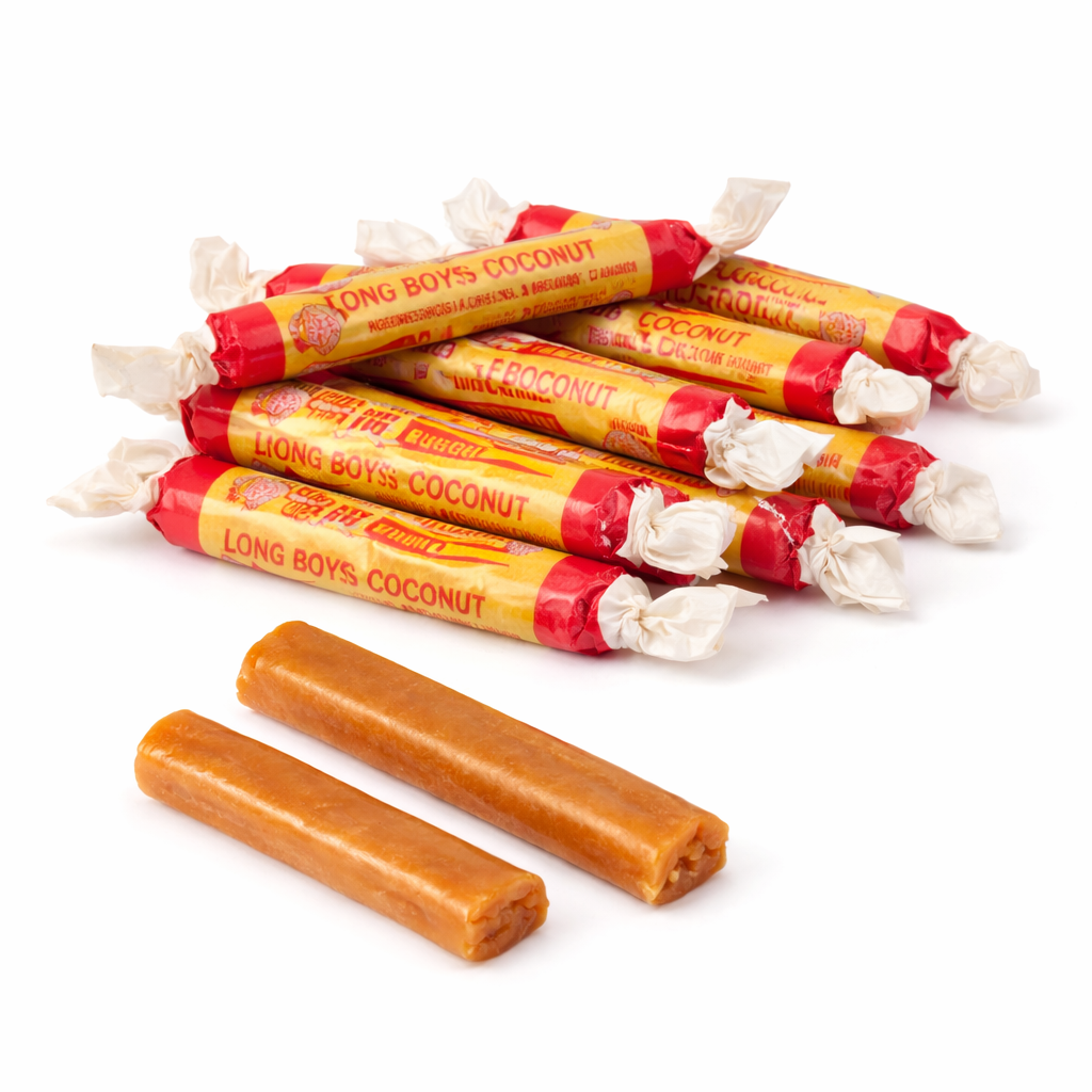 Candy In Bulk Atkinson's Coconut Long Boys candy in a bulk value bag, showing the long, coconut-coated candy pieces.