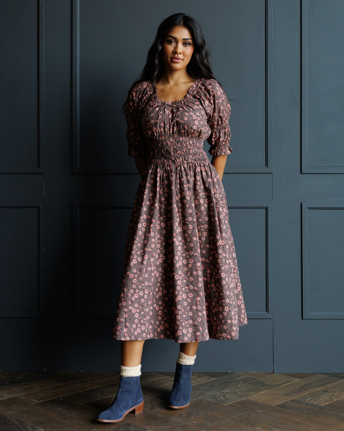 Downeast Long Way Home Dress shown on a model, featuring a flowy silhouette, long sleeves, and a casual, comfortable style.