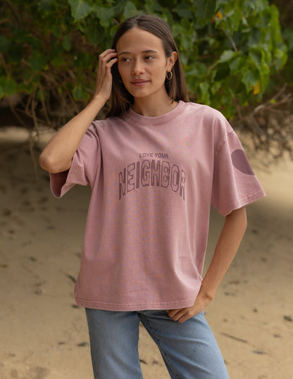 Elevated Faith Love Your Neighbor heavyweight T-shirt featuring a bold design on a comfortable fabric.