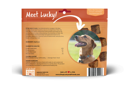 Beef liver dog treats from FOUNDATION Outdoors showing the packaging and treats on a neutral background.