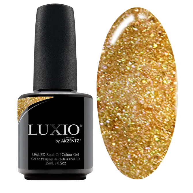 Luxio Sparkles Goddess 15ml nail polish bottle with a sleek black cap and clear glass showing shimmering glitter polish inside.