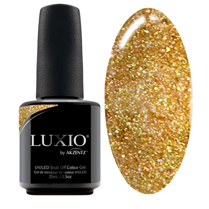 Luxio Sparkles Goddess 15ml nail polish bottle with a sleek black cap and clear glass showing shimmering glitter polish inside.