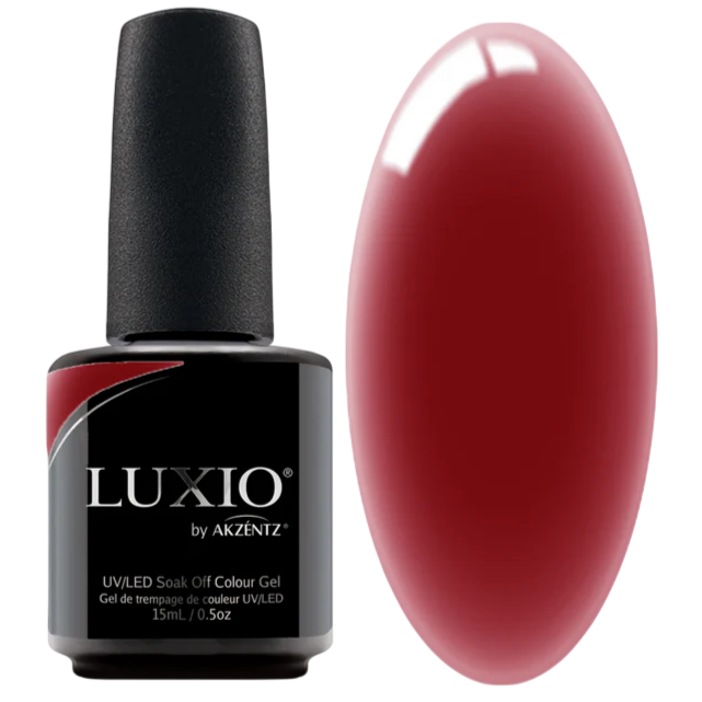 Luxio gel polish Jelli Red 15ml bottle with red gel polish visible, showcasing the vibrant, glossy nail color product.